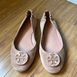Tory Burch Minnie Travel Ballet Flat w/Leather Logo, Suede Malva Pink, Size 8.5